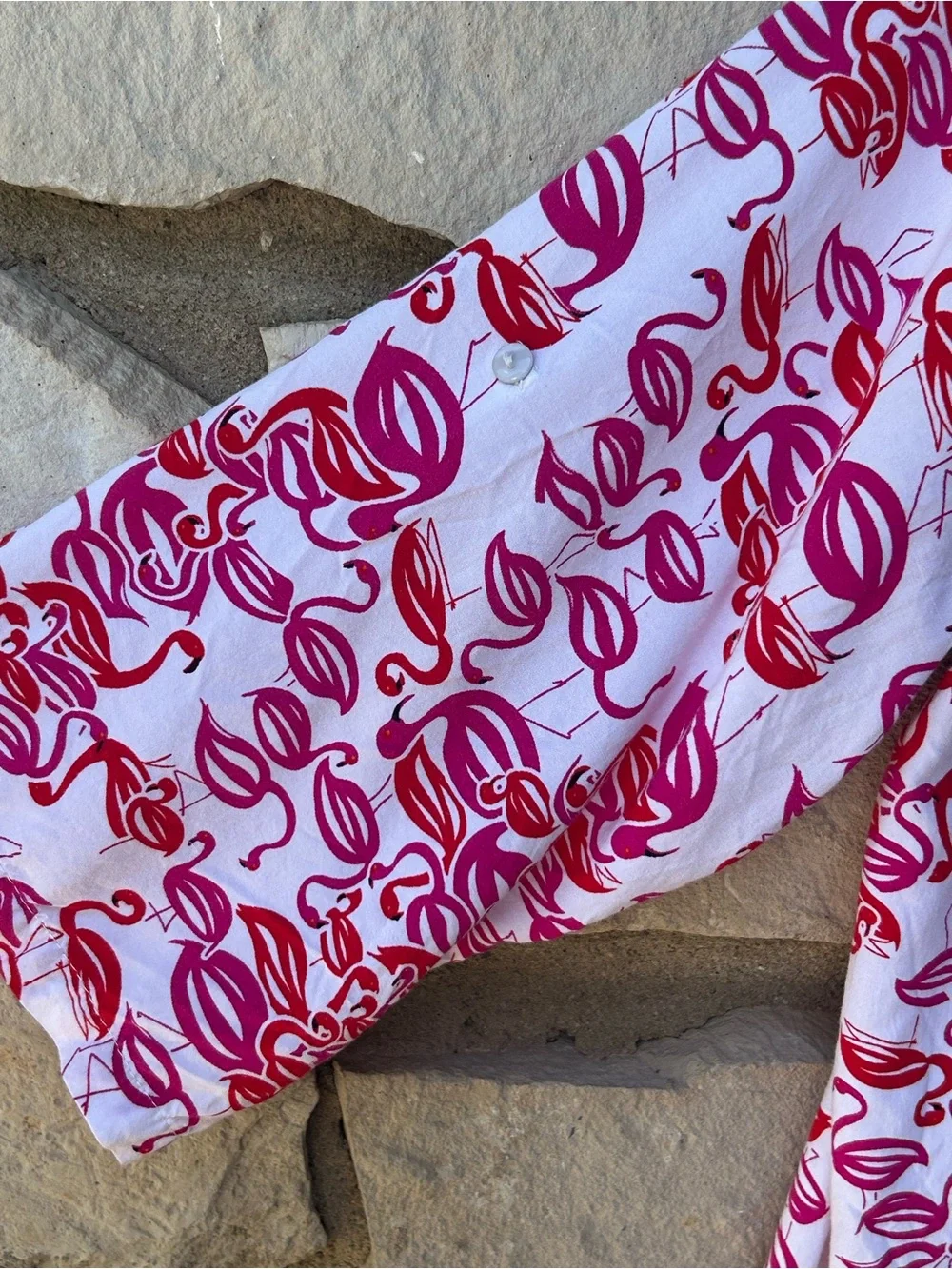Josie Natori Flamingo Print Sleep Shirt Pajamas Large Red White Coastal Resort